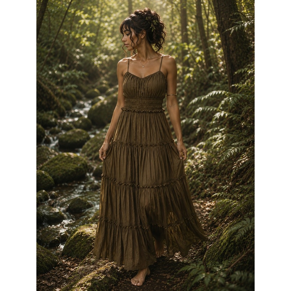 Vintage Y2K Babydoll Satin Tiered Ruffle Maxi Dress Olive Size L Homecoming